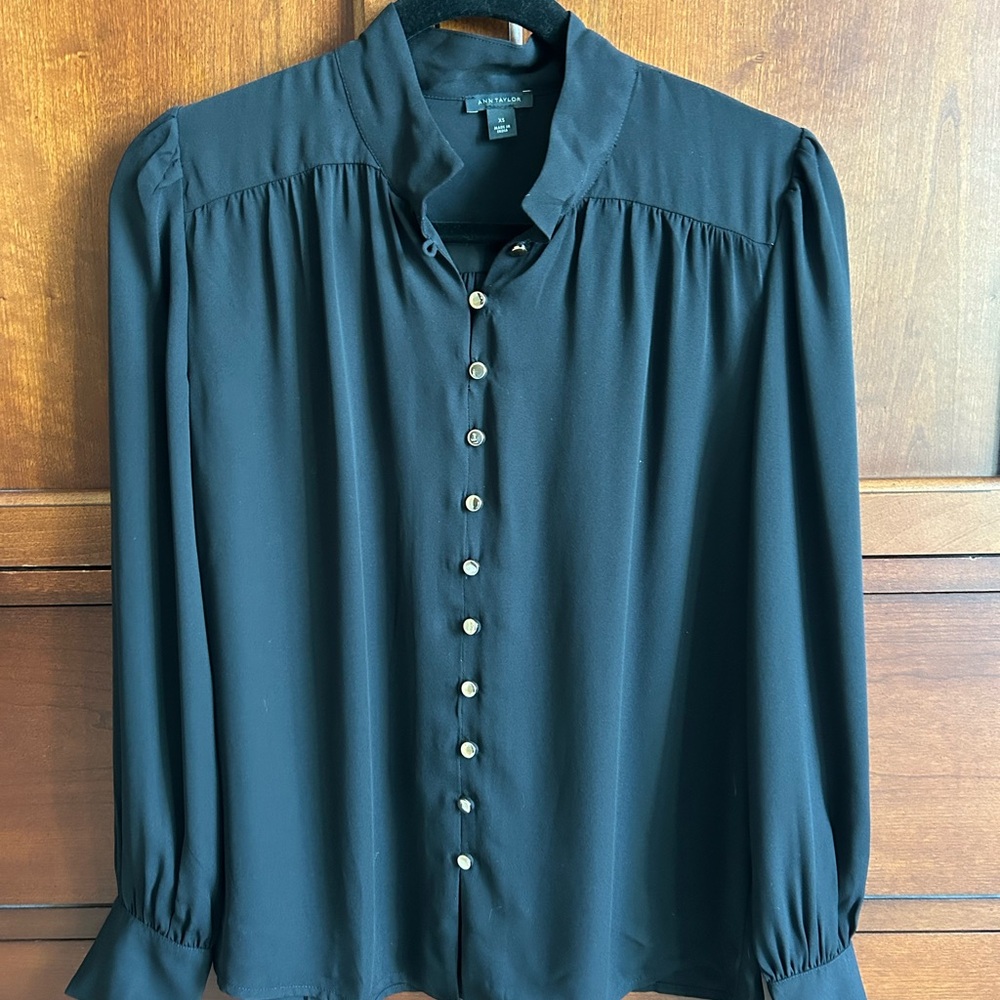 Ann Taylor Women’s Black Button-Up Blouse with Gold Buttons